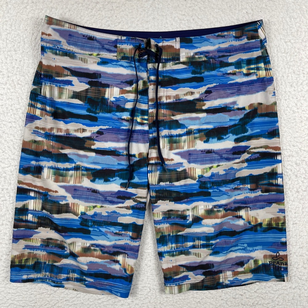 Prana Board Shorts Mens 36‎ Blue Multi Abstract Print UPF 50+ Swim Trunks Surf